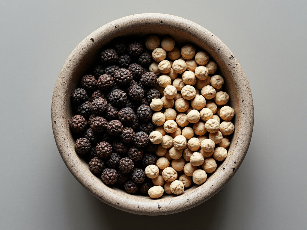 Black, red, and white peppercorns