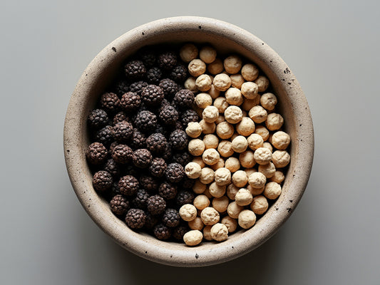 Black, red, and white peppercorns