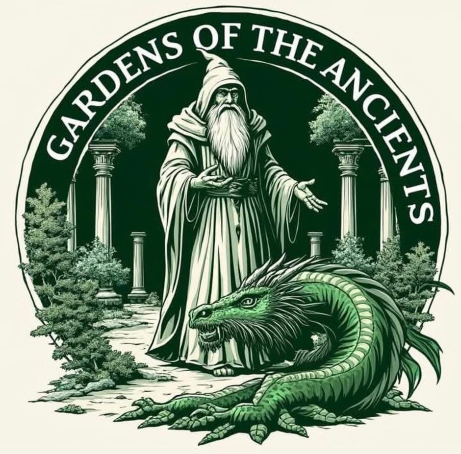 GARDENS OF THE ANCIENTS® — a robed sage and a green dragon in an ancient herb garden