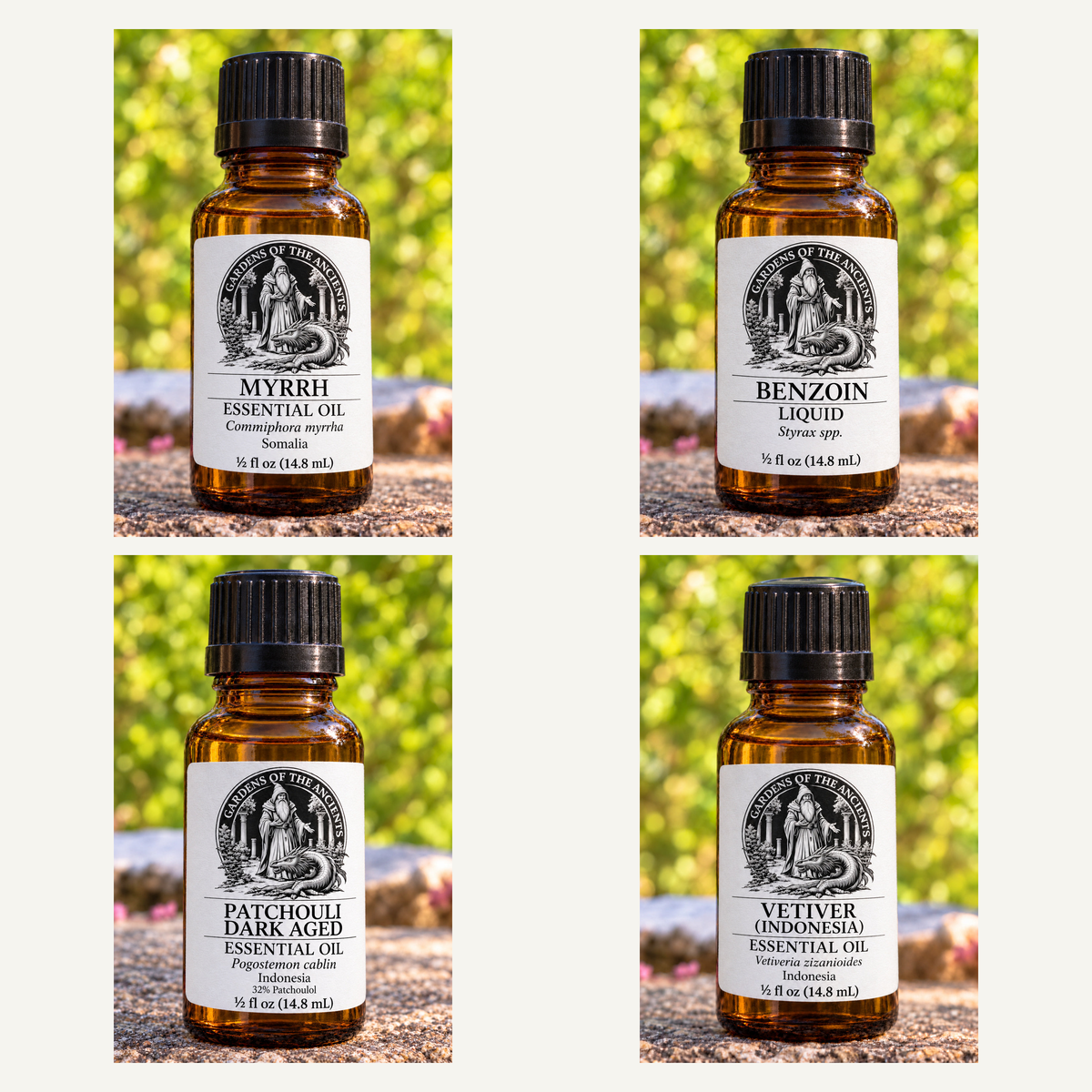 Resin & Meditation Essential Oil Set – Myrrh, Benzoin, Patchouli & Vetiver – GARDENS OF THE ANCIENTS®