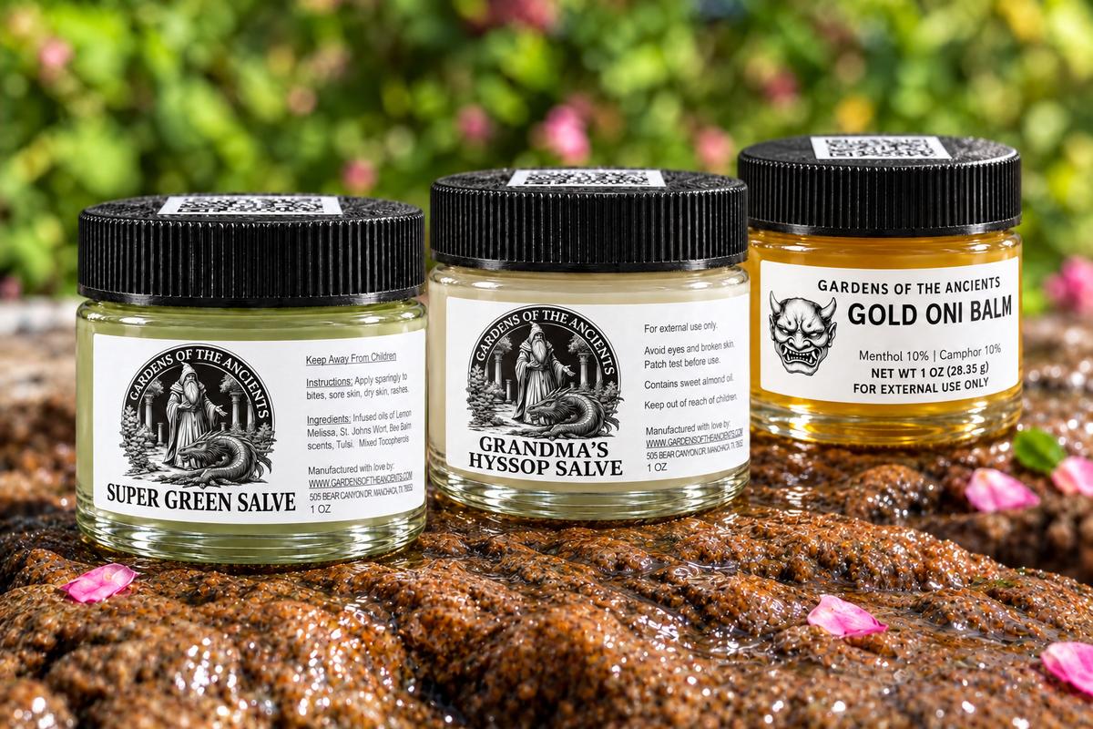 Salve & Balm Trio – Green Salve, Grandma’s Hyssop Salve & Gold ONI Balm – GARDENS OF THE ANCIENTS®